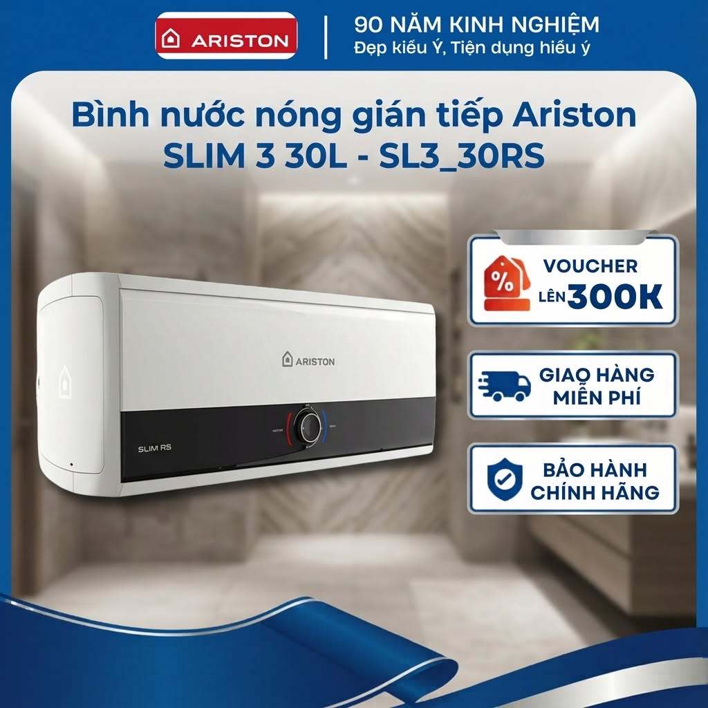 Bình nước nóng gián tiếp Ariston SLIM 3  30 Lít - Bình ngang LED - SL3-30RS - Hàng chính hãng