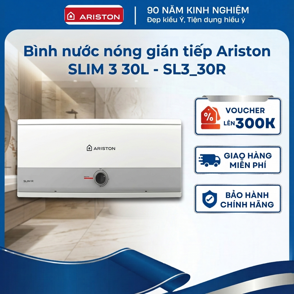 Bình nước nóng gián tiếp Ariston SLIM 3  30 Lít - Bình ngang LED - SL3-30R - Hàng chính hãng