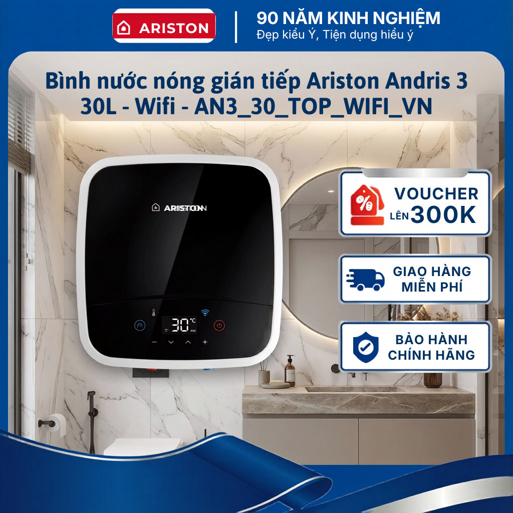 Bình nước nóng gián tiếp Ariston Andris 3 30L kết nối Wifi thông minh  AN3_30_TOP WIFI VN