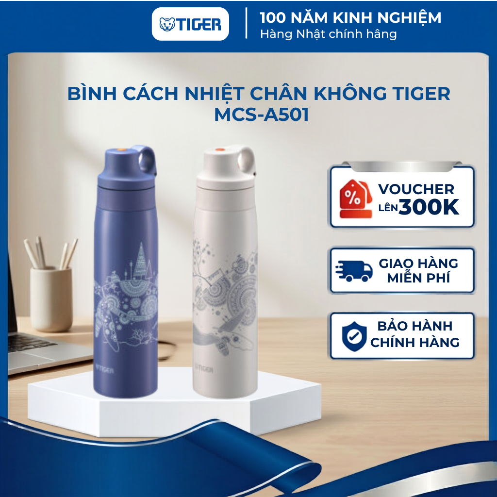 Bình cách nhiệt chân không Tiger MCS-A501 500ML, bình giữ nhiệt ống hút Inox mở nắp 1 tay chính hãng