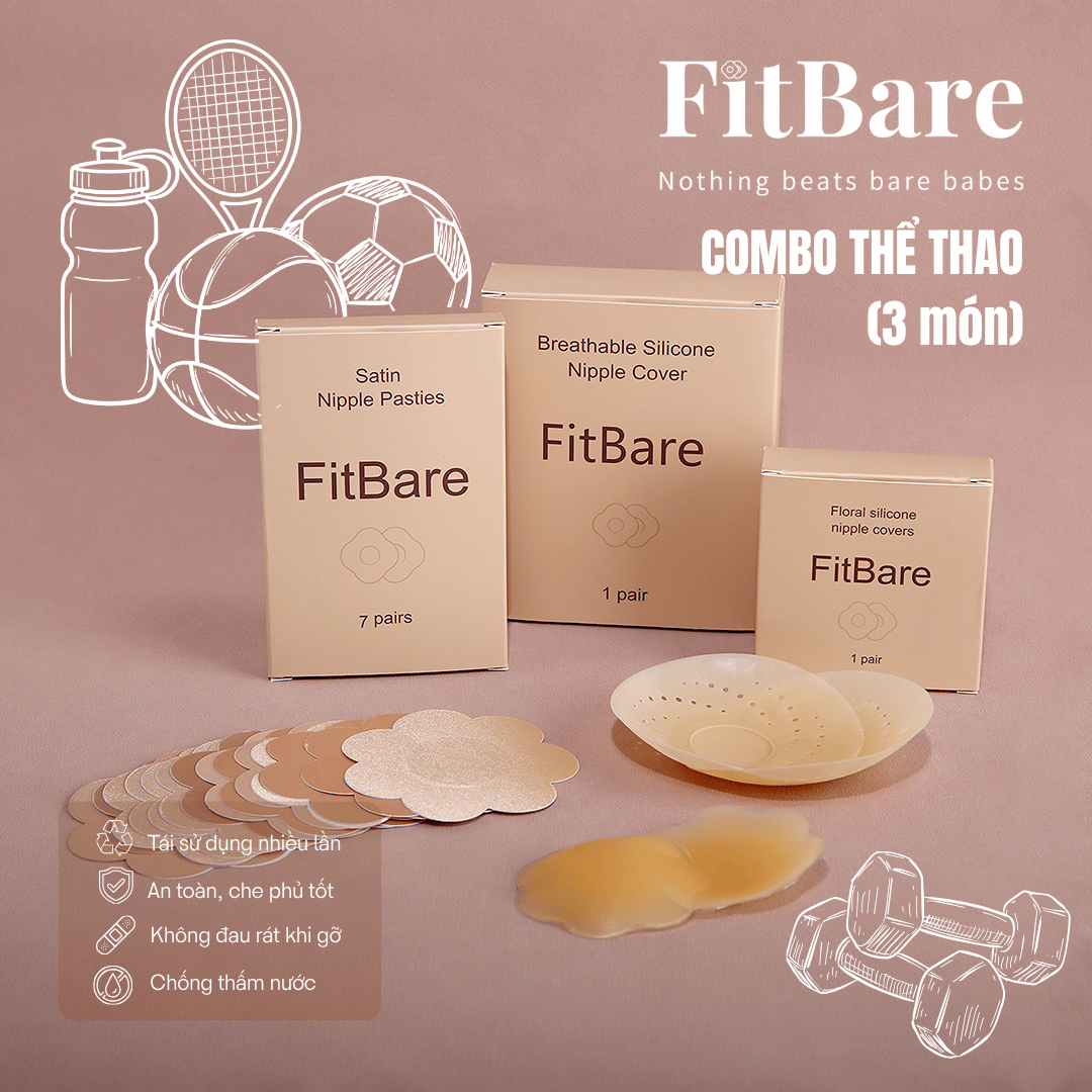 Combo Thể Thao FitBare (3 Món) - 01 Cặp Dán Ngực Silicone Tự Thân & 01 Thoáng Khí & 01 Hoa Chống Nước, Kháng Mồ Hôi