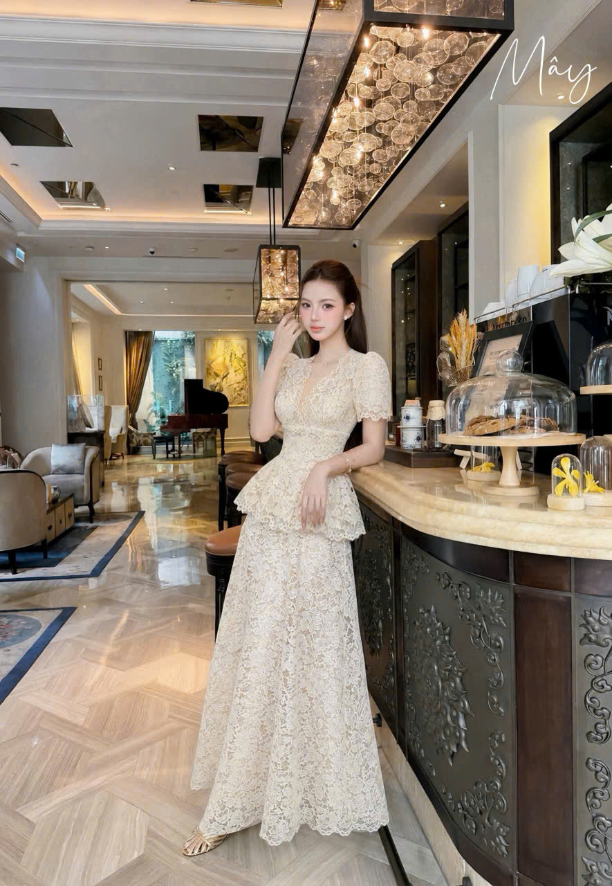 VT Set kem ren hoa cổ V sóng tay cộc +cvay dài