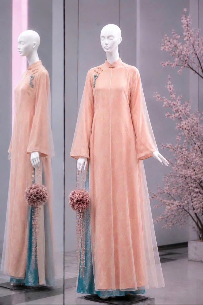 AD tơ lụa cam ht hoa hồng 4 tà cổ 3p +quần ren xanh