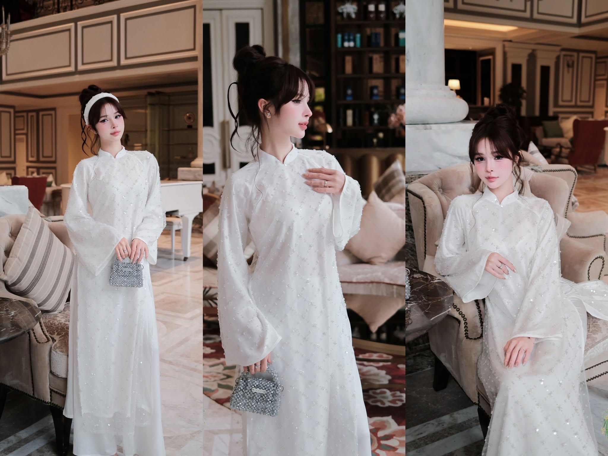 AD trắng kim sa hạt ngọc cổ 3p