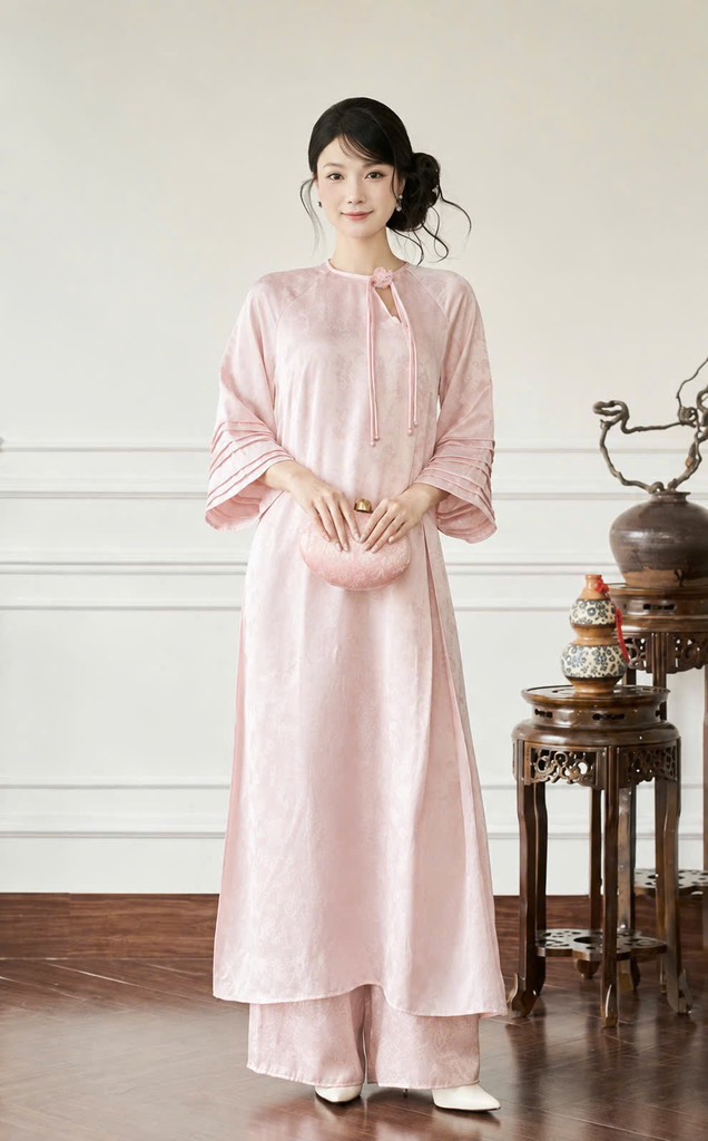AD hồng cổ tròn, khoét tag nơ hoa, tay gấp + quần hồng nhũ cs1