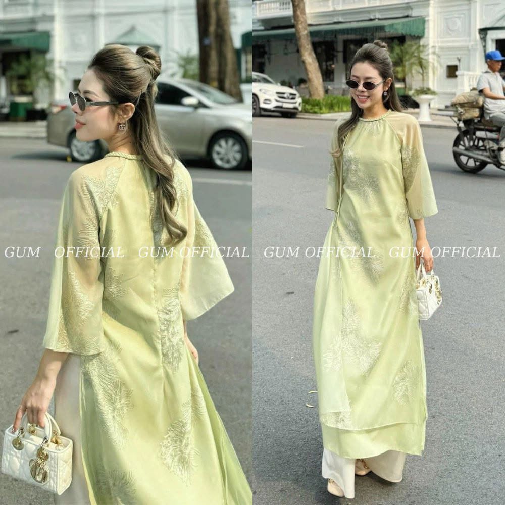 AD xanh lá cổ tròn tết thêu hoa cúc