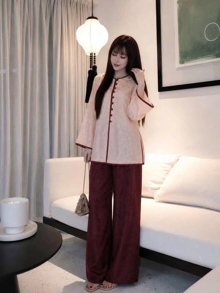 Set pháp phục hồng thọ rơi viền đỏ +quần thọ rơi đỏ