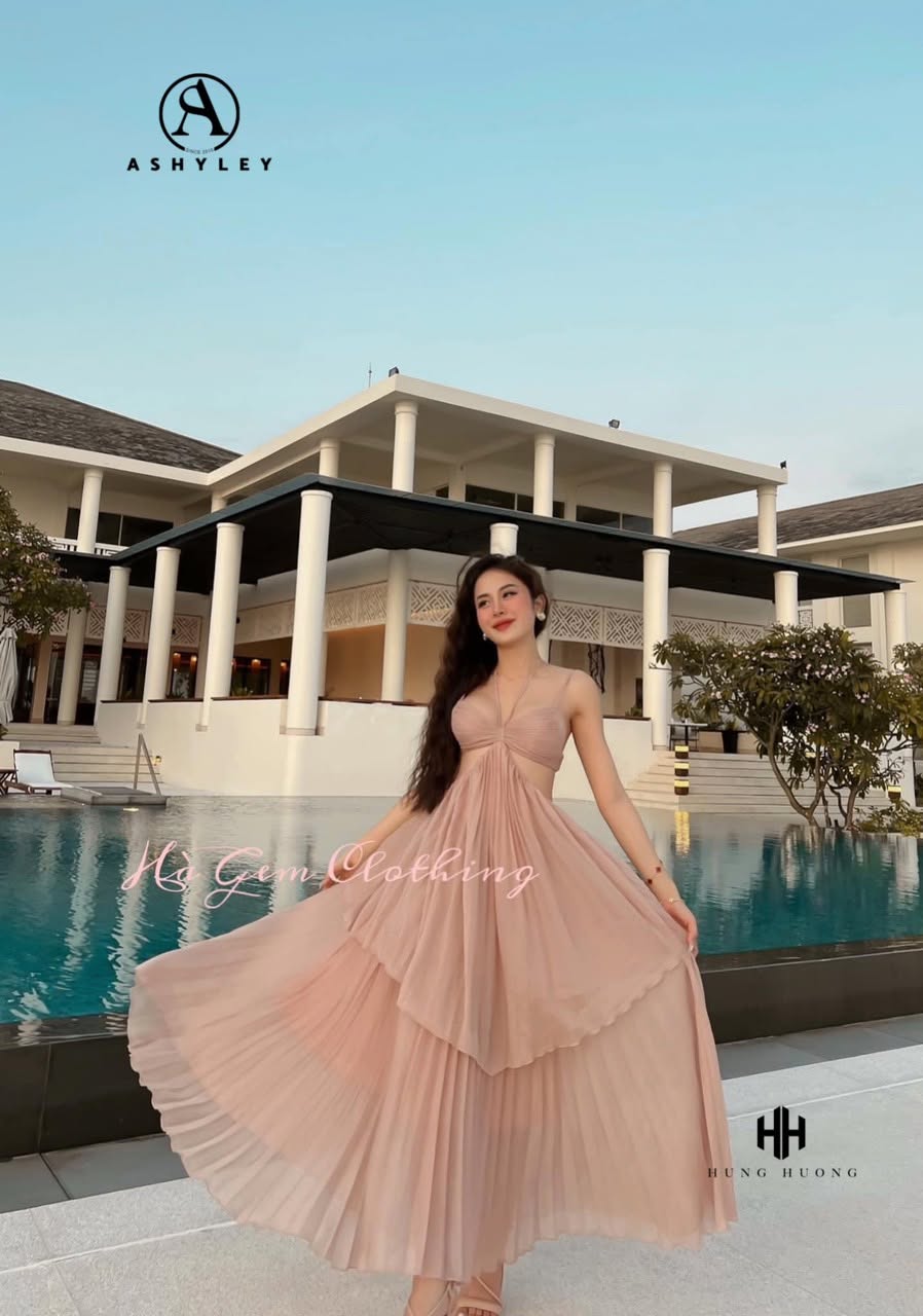 Maxi nâu dập ly khoét eo