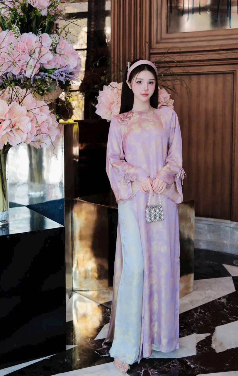AD lụa tím cổ tròn ht hoa anh đào tay xẻ