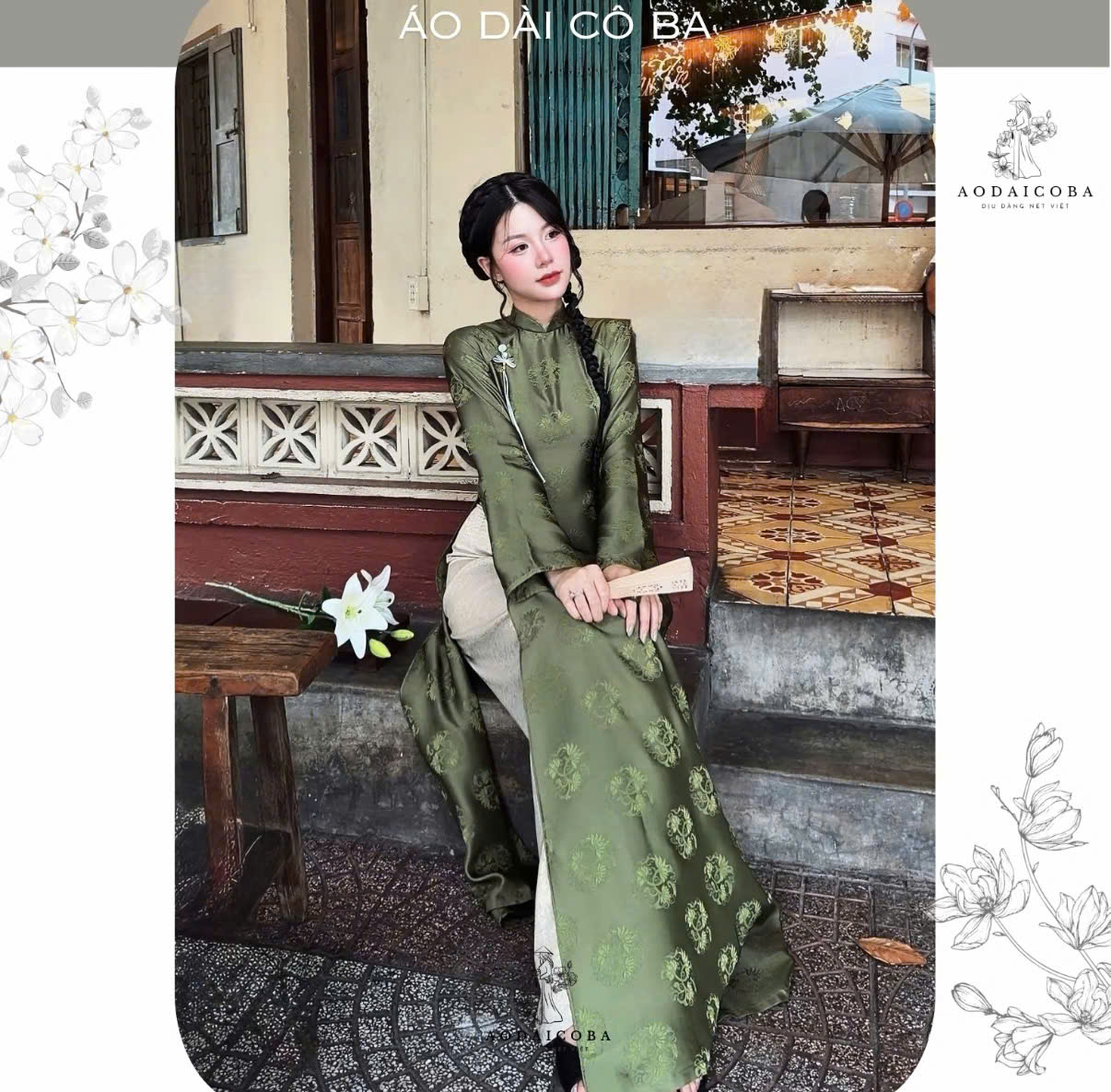 AD xanh rêu ht hoa dây leo tag xanh + quần nhũ bạc M CS1