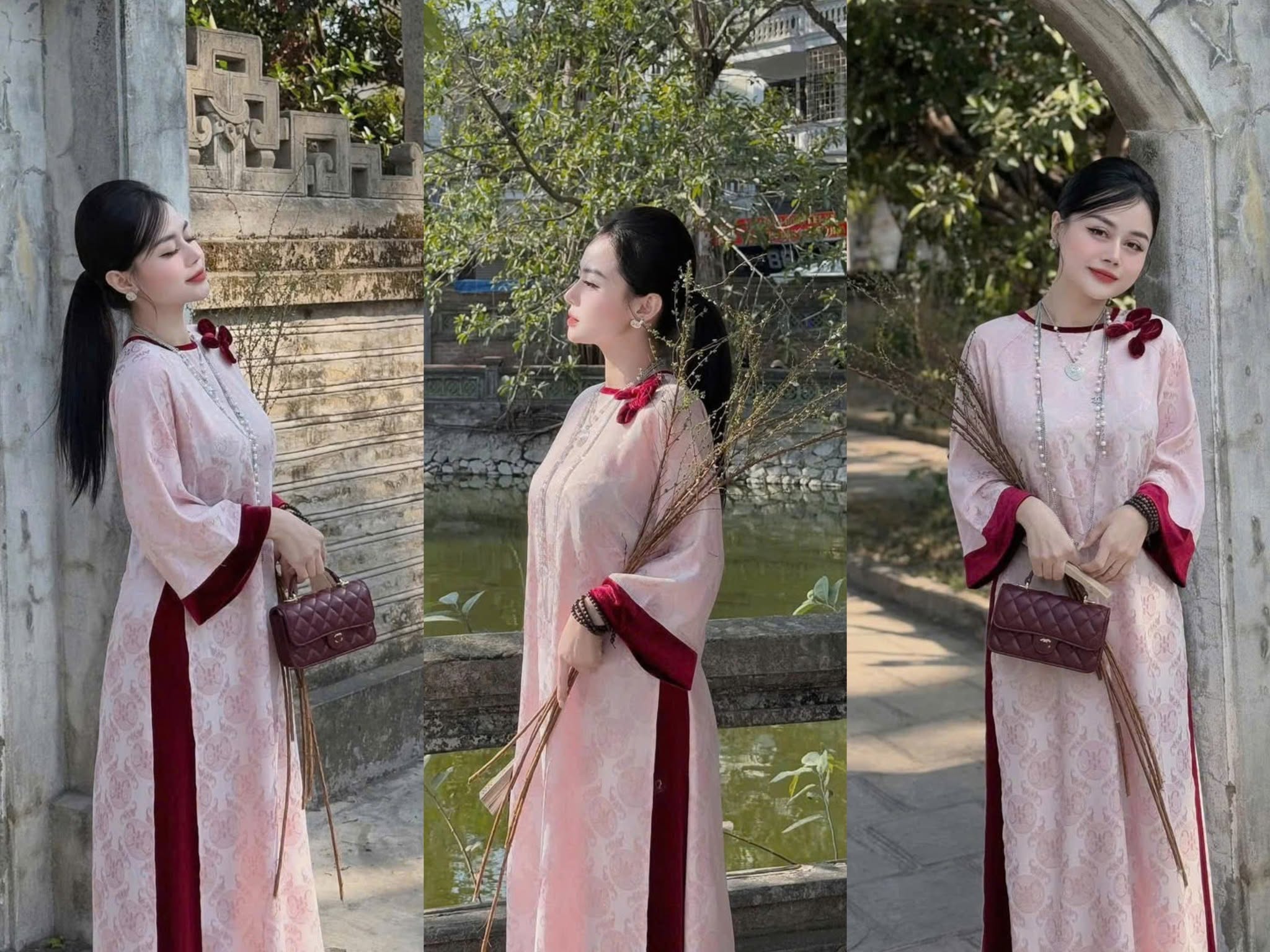 AD lụa thọ hồng viền đỏ tay nhung đính nơ