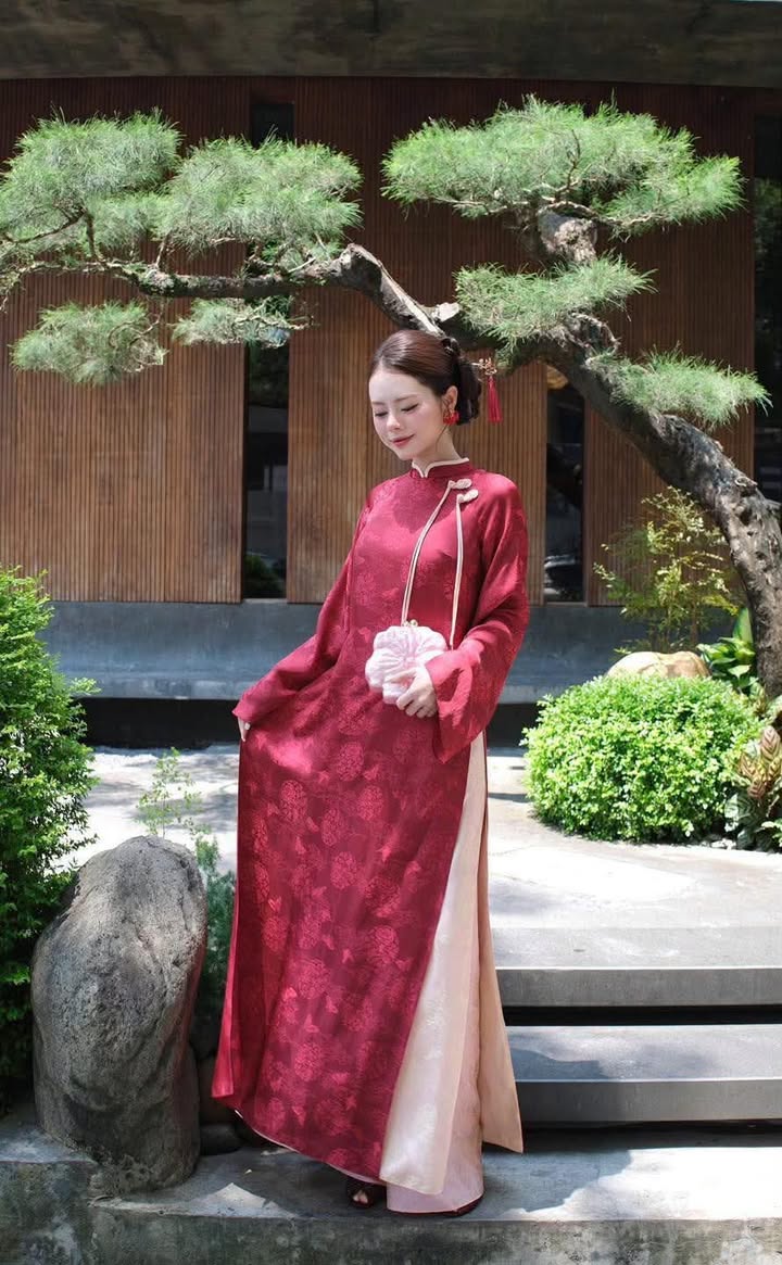 AD gấm lụa đỏ vân hoa lót gấm lụa hoa hồng tag dây hồng + quần tằm vân thọ hồng