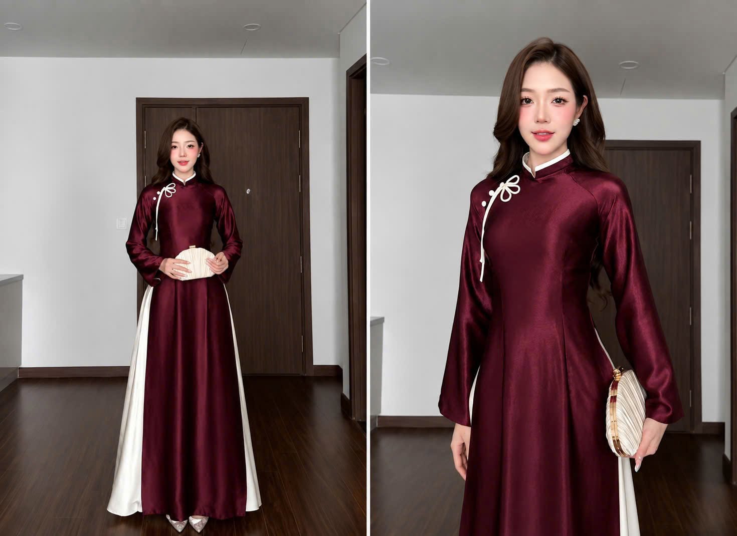 AD lụa đỏ phối cổ trắng tag hoa trắng (quần trắng ) CS1
