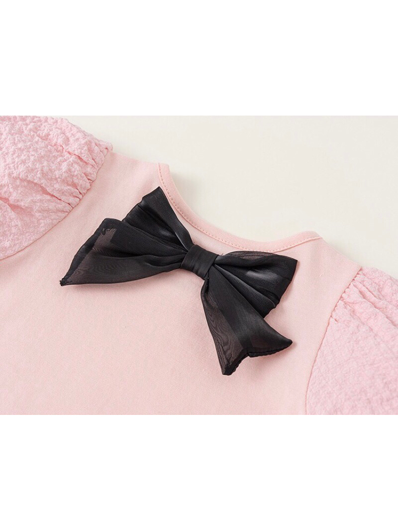 Áo cho bé gái gắn nơ xinh xắn M.bang chất vải cotton, Áo bé gái cộc tay Mbang chất cotton điệu đà
