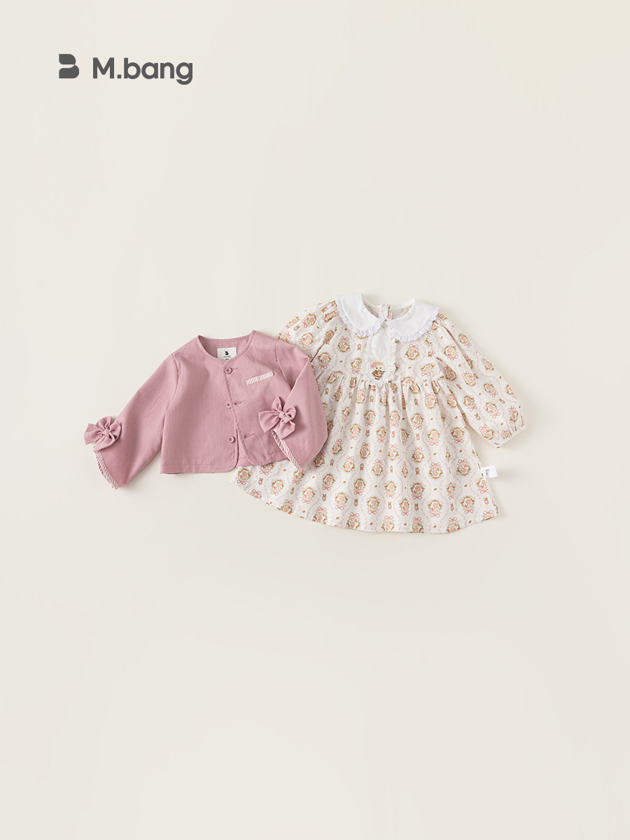 Set váy bé gái Mbang hàng thiết kế tay gắn nơ xinh xắn. Set váy cho bé Mbang