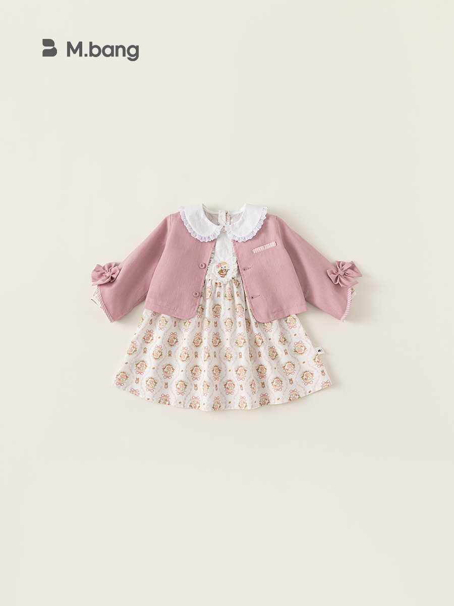 Set váy bé gái Mbang hàng thiết kế tay gắn nơ xinh xắn. Set váy cho bé Mbang