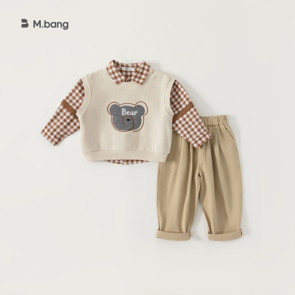 Set quần áo dài tay kem gile bé trai 3 chi tiết Mbang hàng thiết kế. Set quần áo thu đông bé trai MBang kèm áo gile