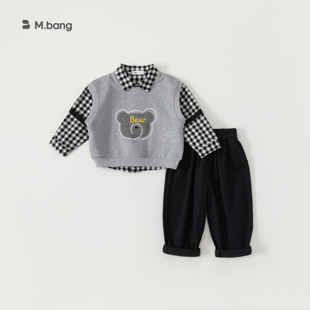 Set quần áo dài tay kem gile bé trai 3 chi tiết Mbang hàng thiết kế. Set quần áo thu đông bé trai MBang kèm áo gile