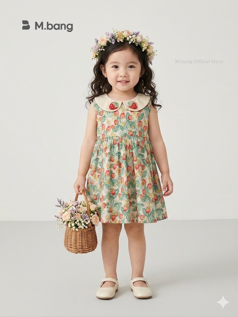 Váy bé gái mùa hè Mbang có cổ hàng thiết kế xinh xắn, Váy bé gái mùa hè Mbang hoạ tiết xinh xắn