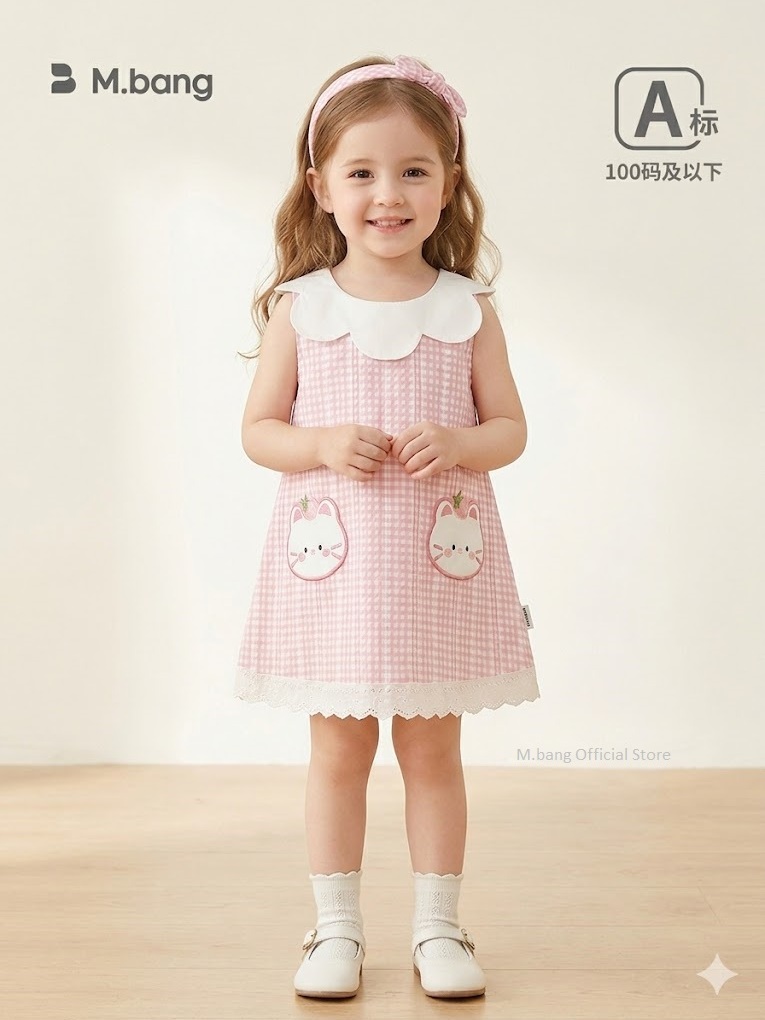 Váy bé gái M.bang dáng chữ A cổ sen họa tiết kẻ caro gingham hồng dễ thương cho bé từ 8 tháng đến 5 tuổi