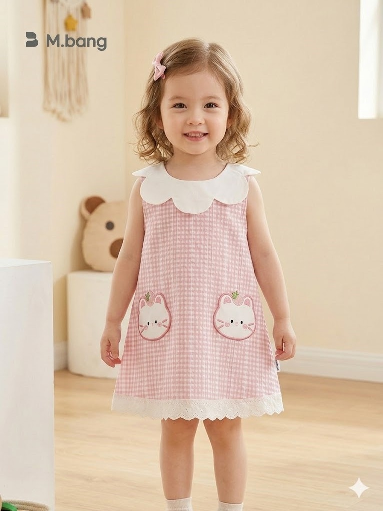 Váy bé gái M.bang dáng chữ A cổ sen họa tiết kẻ caro gingham hồng dễ thương cho bé từ 8 tháng đến 5 tuổi