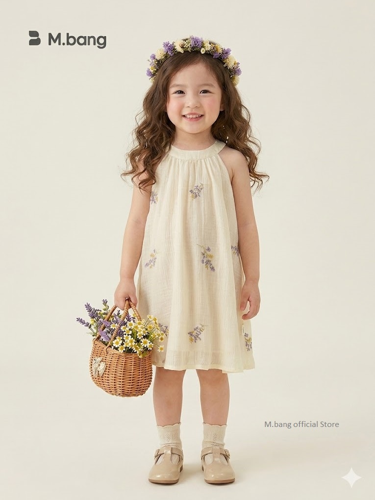 Váy Bé Gái Cổ Yếm Thêu Hoa Nhí M.bang Đầm Vintage Cho Bé Chất Muslin Cao Cấp Mềm Mại Đi Chơi Đi Học