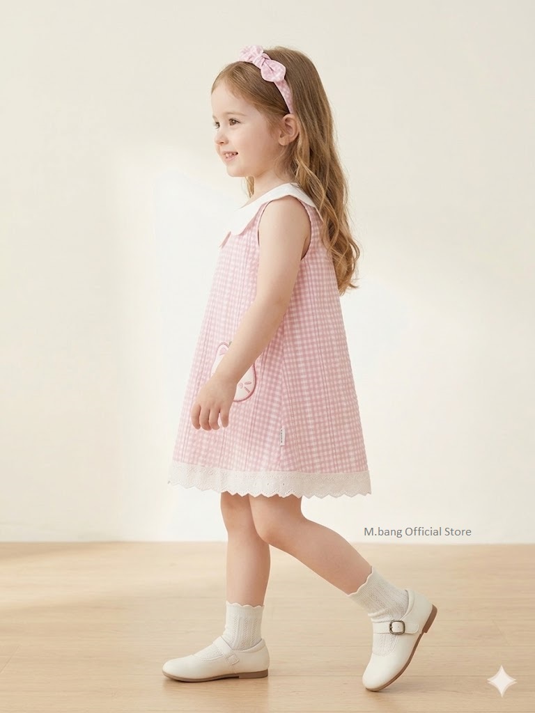 Váy bé gái M.bang dáng chữ A cổ sen họa tiết kẻ caro gingham hồng dễ thương cho bé từ 8 tháng đến 5 tuổi