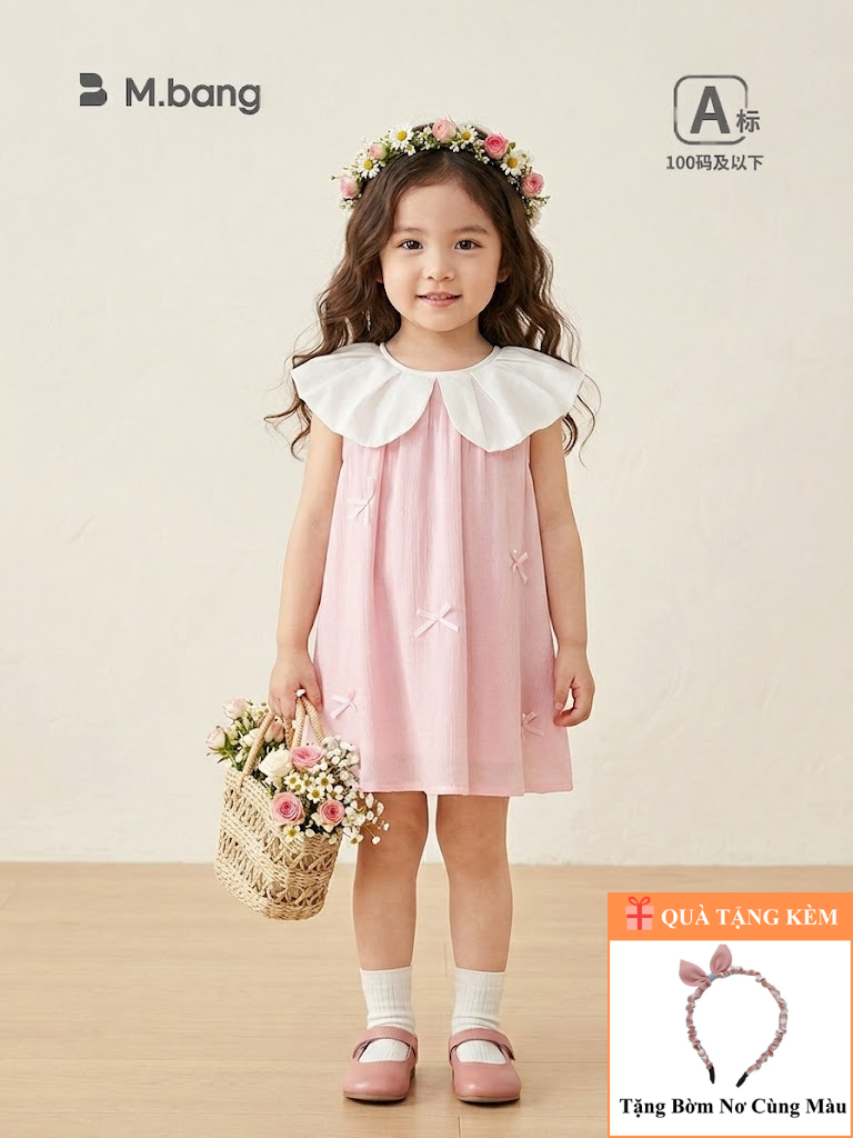 Váy đính nơ màu hồng xinh xắn 2 lớp M.bang cho bé gái