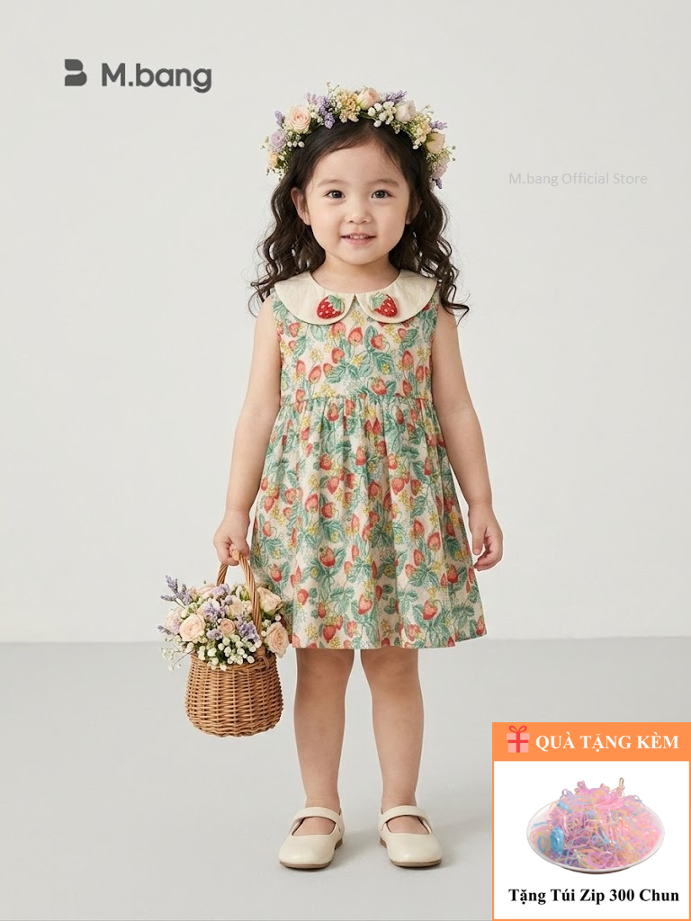 Váy bé gái mùa hè Mbang có cổ hàng thiết kế xinh xắn, Váy bé gái mùa hè Mbang hoạ tiết xinh xắn