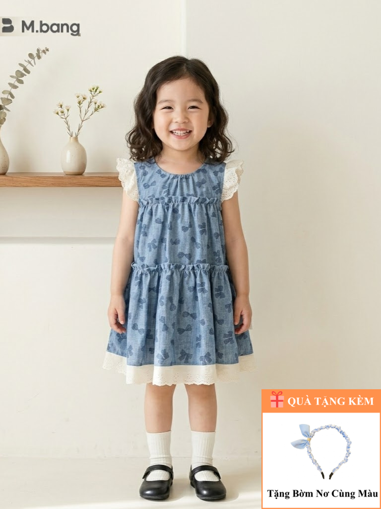 Váy Bé Gái M.bang Họa Tiết Nơ Denim Phối Cánh Tiên Ren Điệu Đà