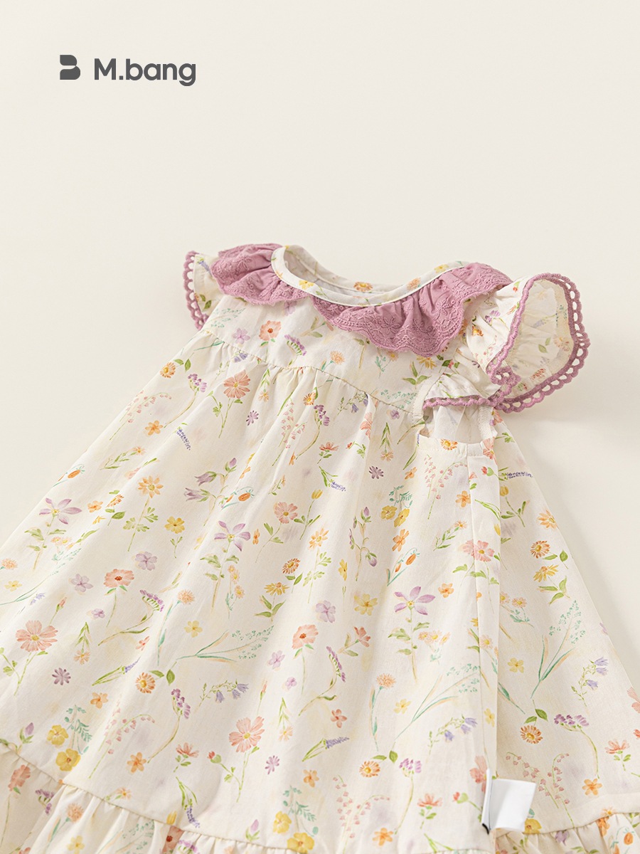 Váy Bé Gái M.bang Hoa Nhí Cổ Sen Phối Tay Cánh Tiên Hàn Quốc, Váy Xòe Công Chúa Chất Cotton Mềm Mại Cho Bé
