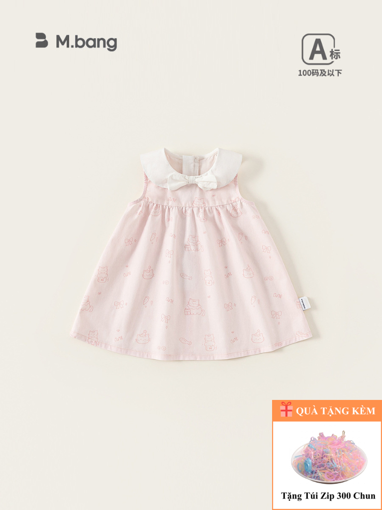 Đầm Bé Gái M.bang Sát Nách Cổ Sen Họa Tiết Mèo Cute Màu Hồng Pastel Cho Bé Đi Chơi Đi Học