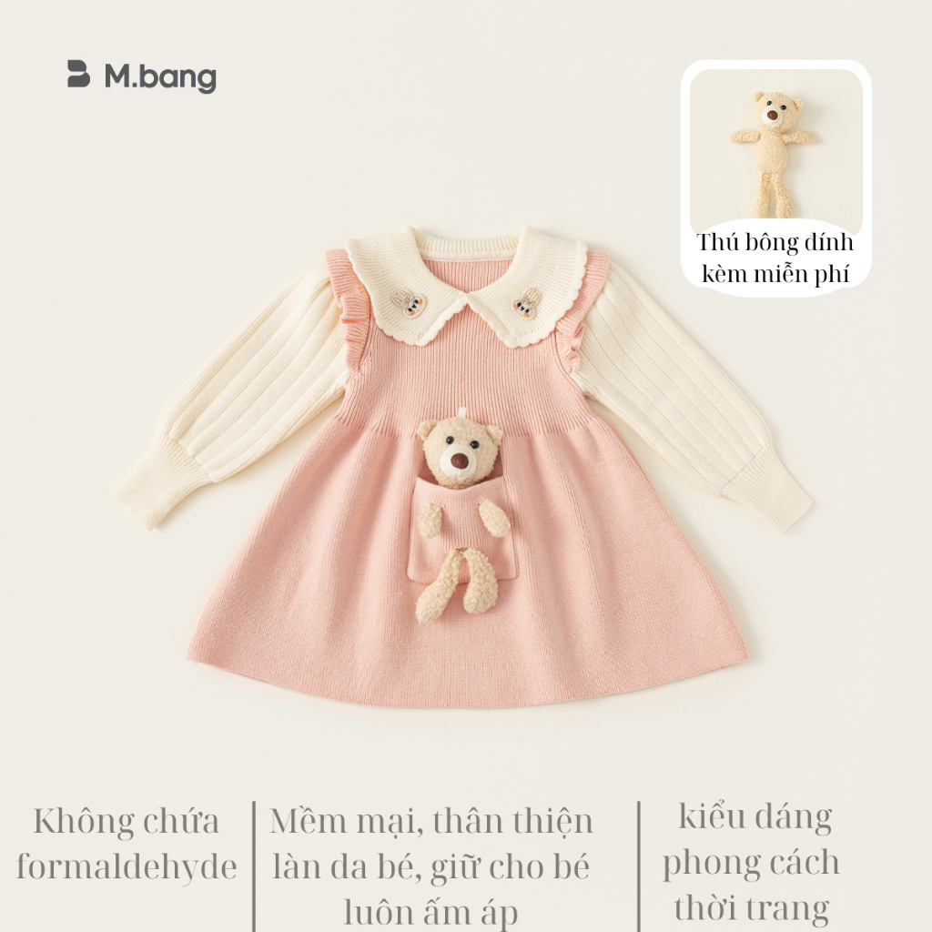 Váy len bé gái Mbang kèm gấu nhỏ dễ thương, Váy len bé gái Mbang kèm gấu siêu cute