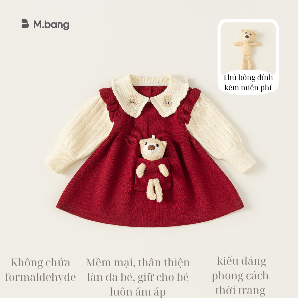 Váy len bé gái Mbang kèm gấu nhỏ dễ thương, Váy len bé gái Mbang kèm gấu siêu cute