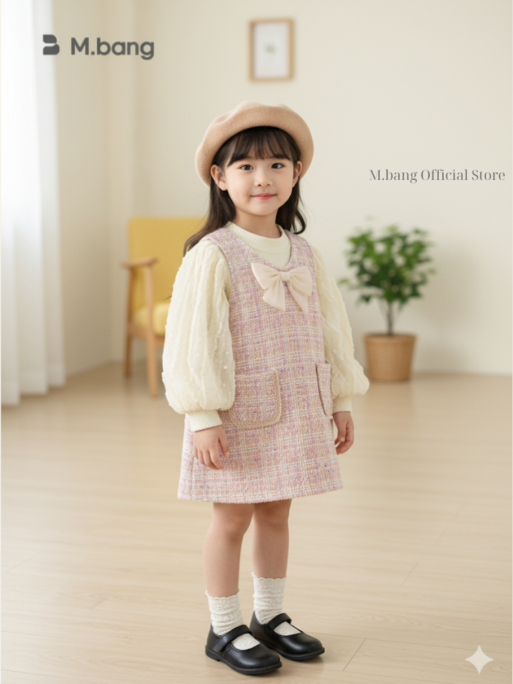 Set váy dạ bé gái Mbang tay bồng xinh xắn, Set váy dạ hồng cho bé gái Mbang gắn nơ xinh xắn