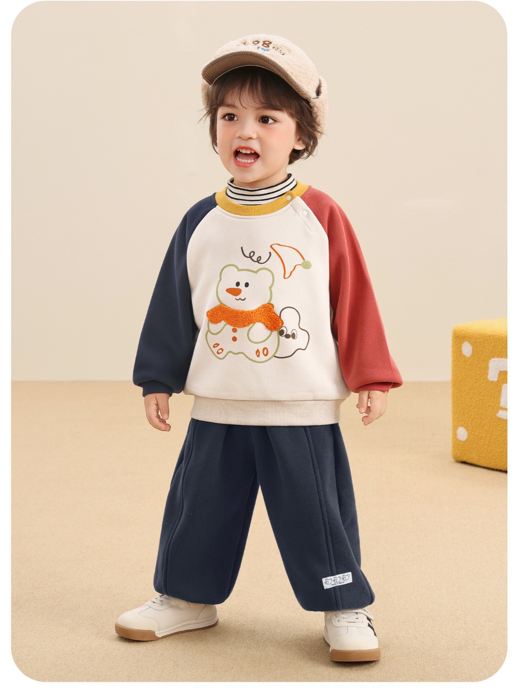 Bộ Nỉ Bông Phối Màu Hình Gấu CUTEPANDA'S Dài Tay Cho Bé Trai Bé Gái Phong Cách Hàn Quốc