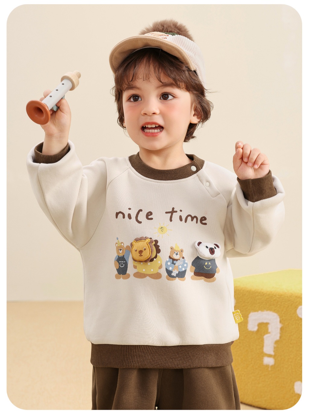 Áo nỉ bông cổ tròn CUTEPANDA'S họa tiết động vật "Nice Time" phong cách Hàn Quốc cho bé trai, bé gái
