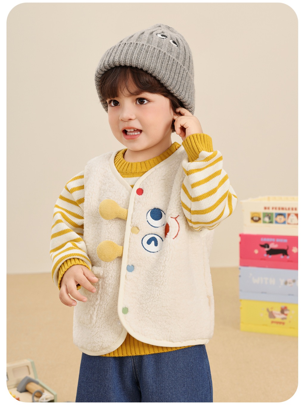 Áo gile lông cừu giữ ấm CUTEPANDA'S  cho bé trai bé gái họa tiết hoạt hình cúc sừng phong cách Hàn Quốc