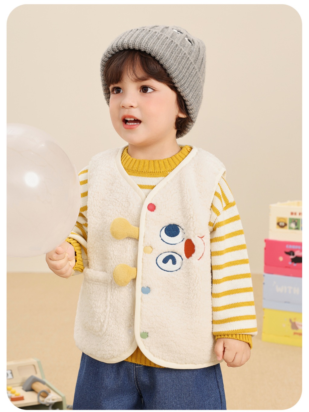 Áo gile lông cừu giữ ấm CUTEPANDA'S  cho bé trai bé gái họa tiết hoạt hình cúc sừng phong cách Hàn Quốc