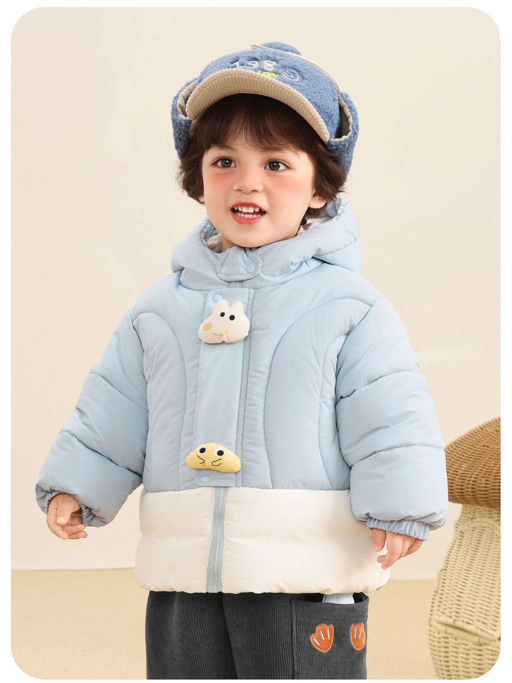 Áo khoác phao CUTEPANDA'S 3 lớp chần bông dày dặn, cúc cài hình cho bé trai, bé gái