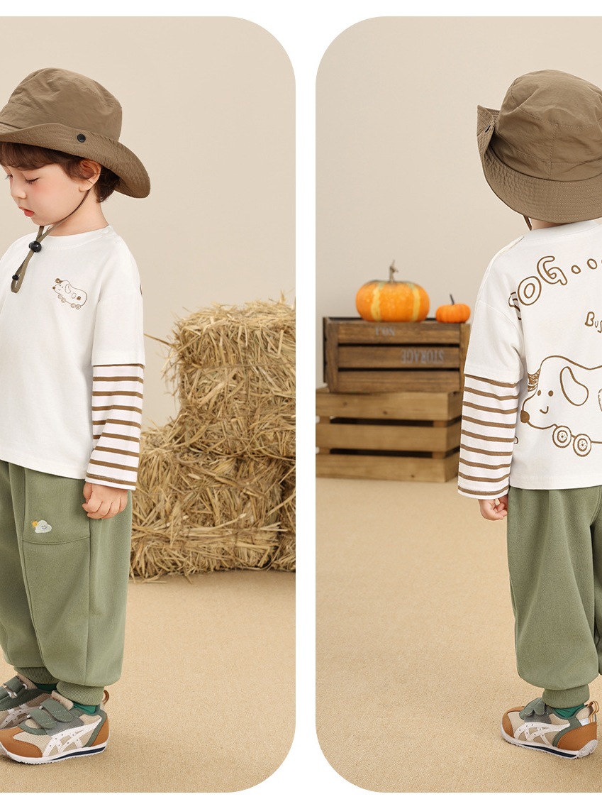 Áo phông dài tay phối sọc ngực thêu CUTEPANDA'S hình thú/khủng long siêu cute cho bé