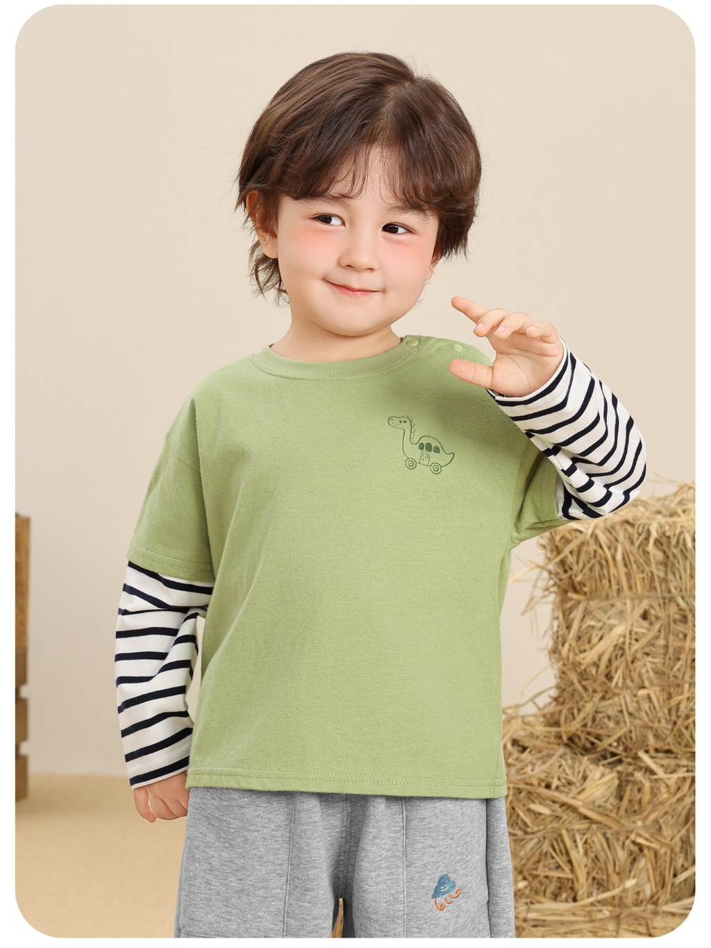 Áo phông dài tay phối sọc ngực thêu CUTEPANDA'S hình thú/khủng long siêu cute cho bé
