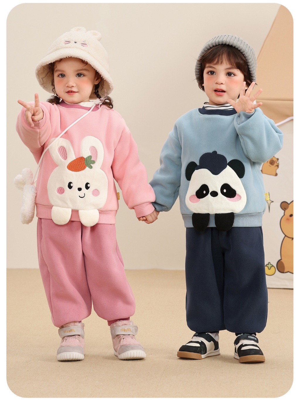 Bộ Quần Áo Nỉ Bông Hai Mặt CUTEPANDA'S Lót Lông Siêu Dày Dặn Giữ Ấm Mùa Đông Cho Bé Trai Bé Gái