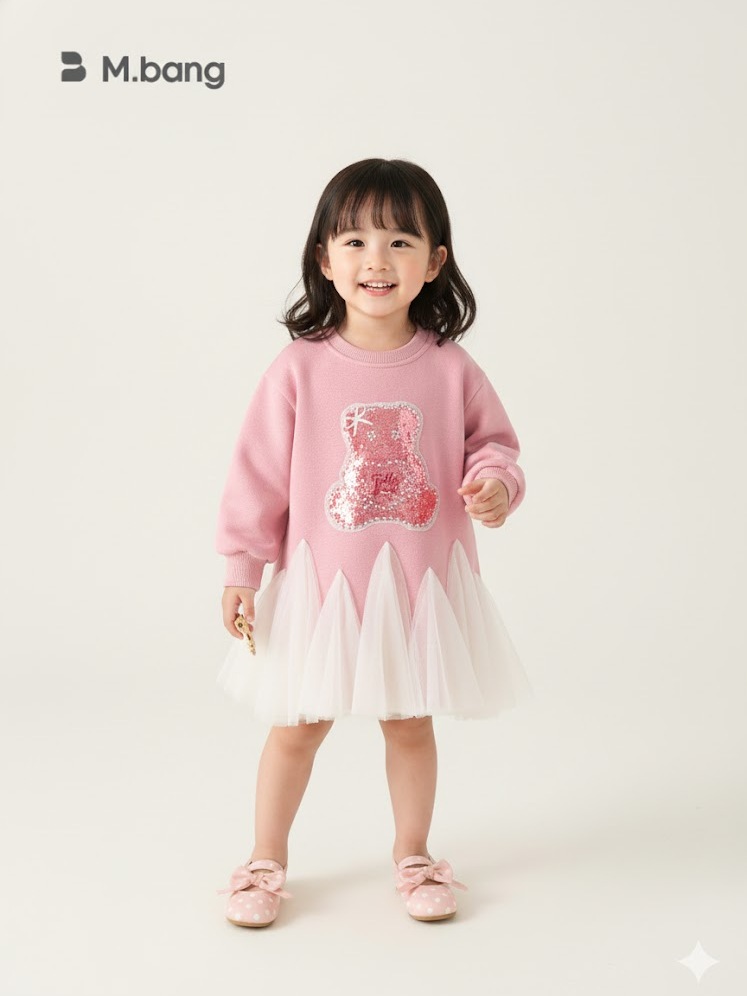 Váy Nỉ Cao Cấp Siêu Mềm Mịn Dày Ấm Màu Hồng Họa Tiết Gấu Kim Sa Kèm Chân Voan Xòe Dễ Thương M.bang cho bé gái