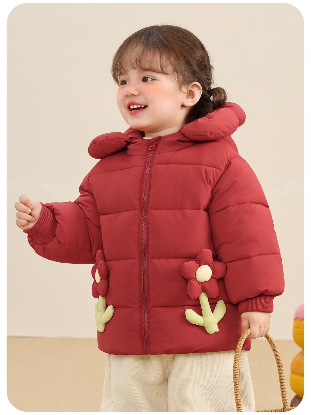 Áo khoác phao CUTEPANDA'S 3 lớp trần bông mũ hoa siêu mềm ấm cho bé gái