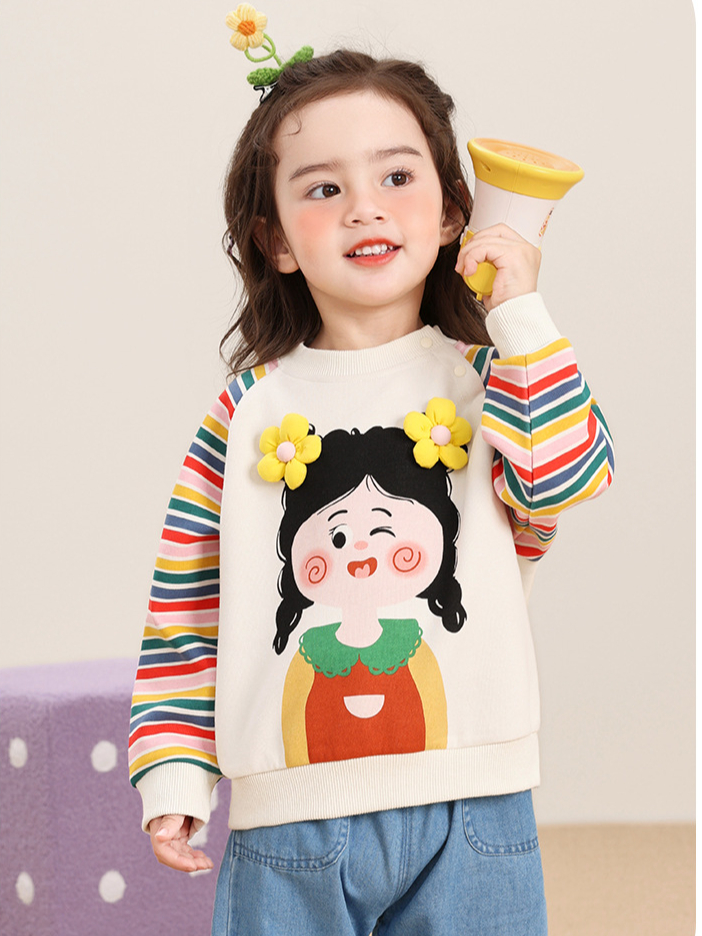 Áo nỉ dài tay CUTEPANDA'S cho bé gái  họa tiết cô gái 3D nổi đáng yêu, tay phối sọc cầu vồng.