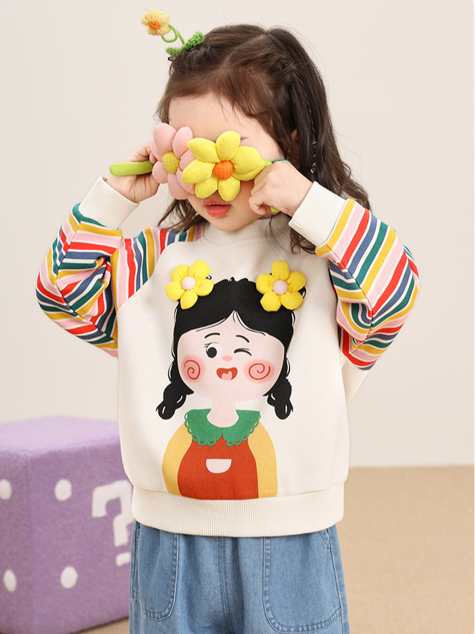 Áo nỉ dài tay CUTEPANDA'S cho bé gái  họa tiết cô gái 3D nổi đáng yêu, tay phối sọc cầu vồng.