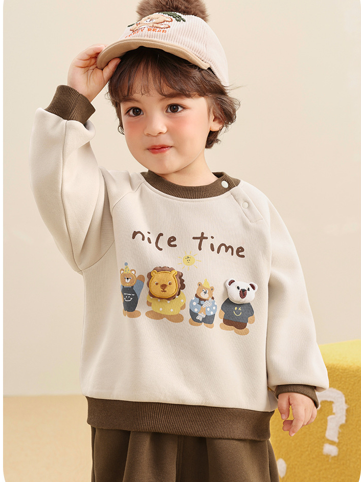 Áo nỉ bông cổ tròn CUTEPANDA'S họa tiết động vật "Nice Time" phong cách Hàn Quốc cho bé trai, bé gái