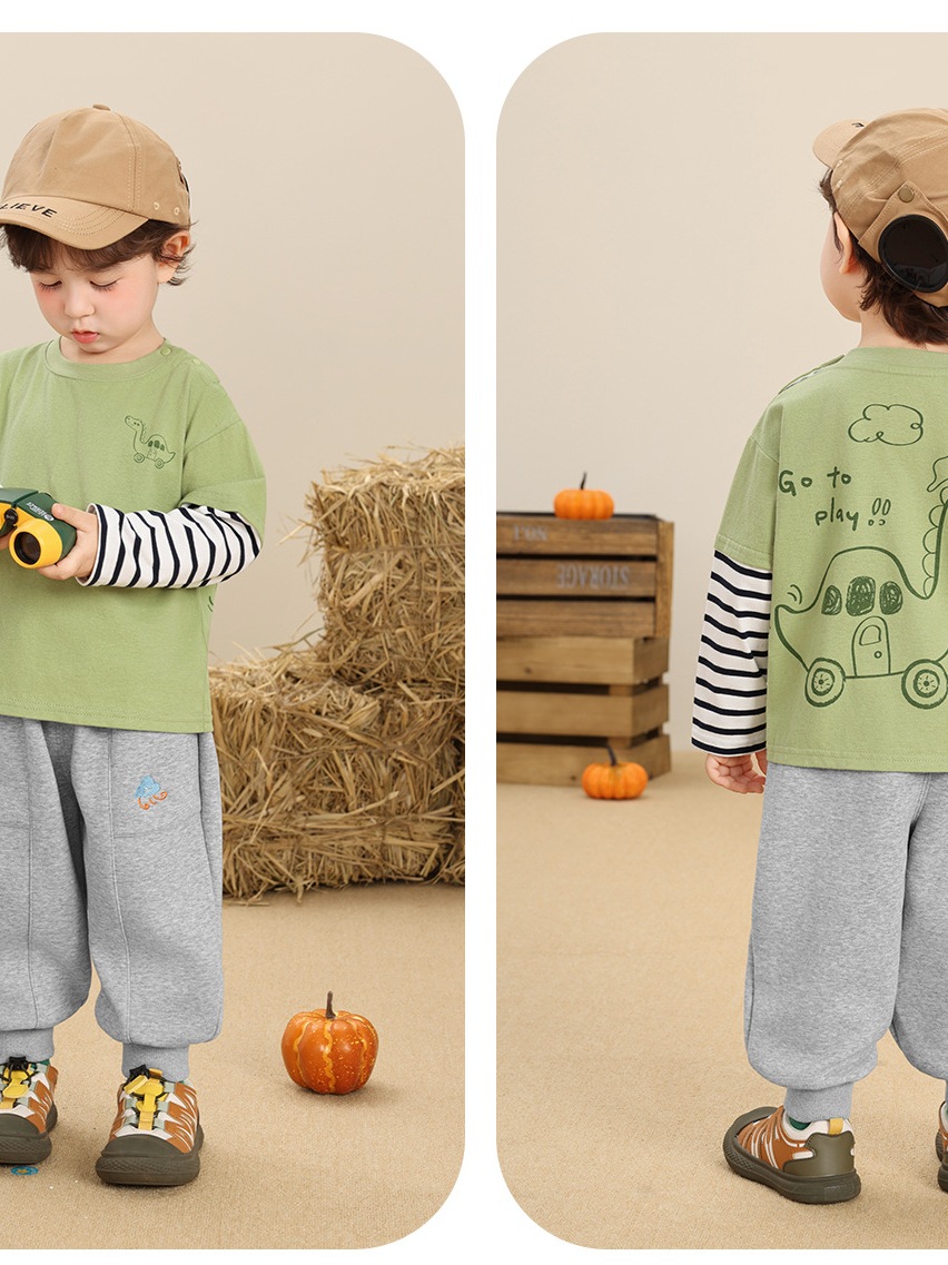 Áo phông dài tay phối sọc ngực thêu CUTEPANDA'S hình thú/khủng long siêu cute cho bé