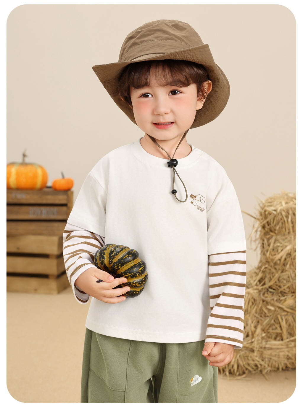 Áo phông dài tay phối sọc ngực thêu CUTEPANDA'S hình thú/khủng long siêu cute cho bé